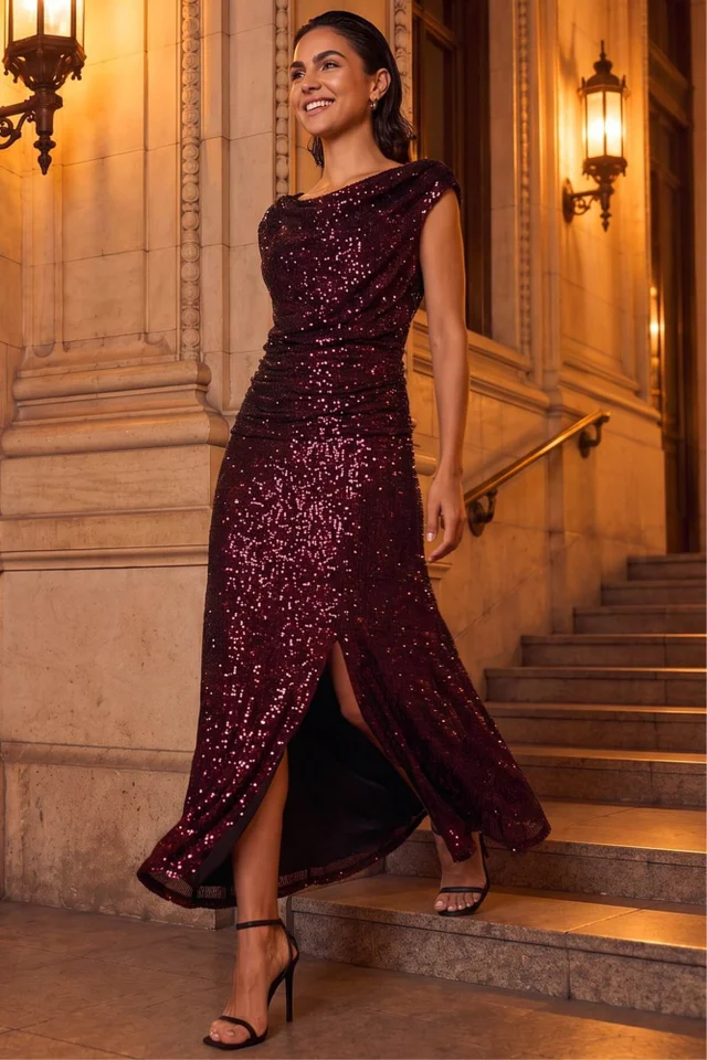 Roman Magenta Sequin Cowl Neck Maxi Stretch Dress