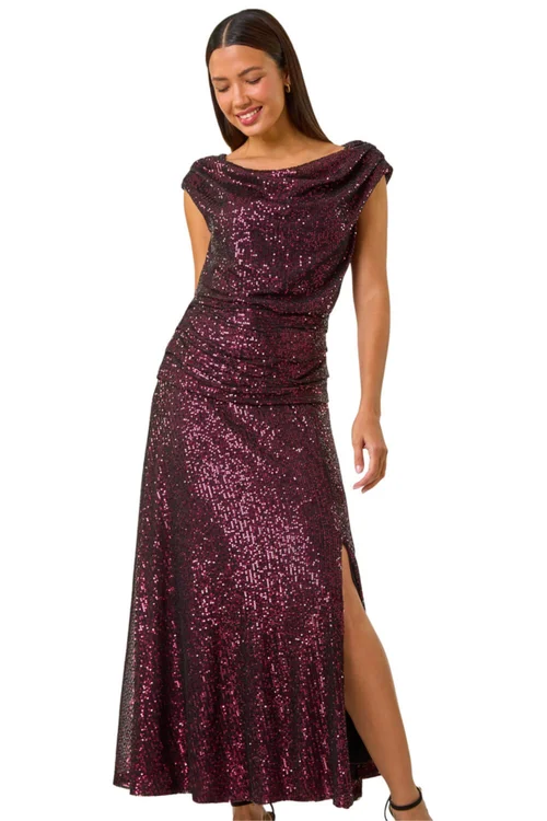 Roman Magenta Sequin Cowl Neck Maxi Stretch Dress - 10 Image 1
