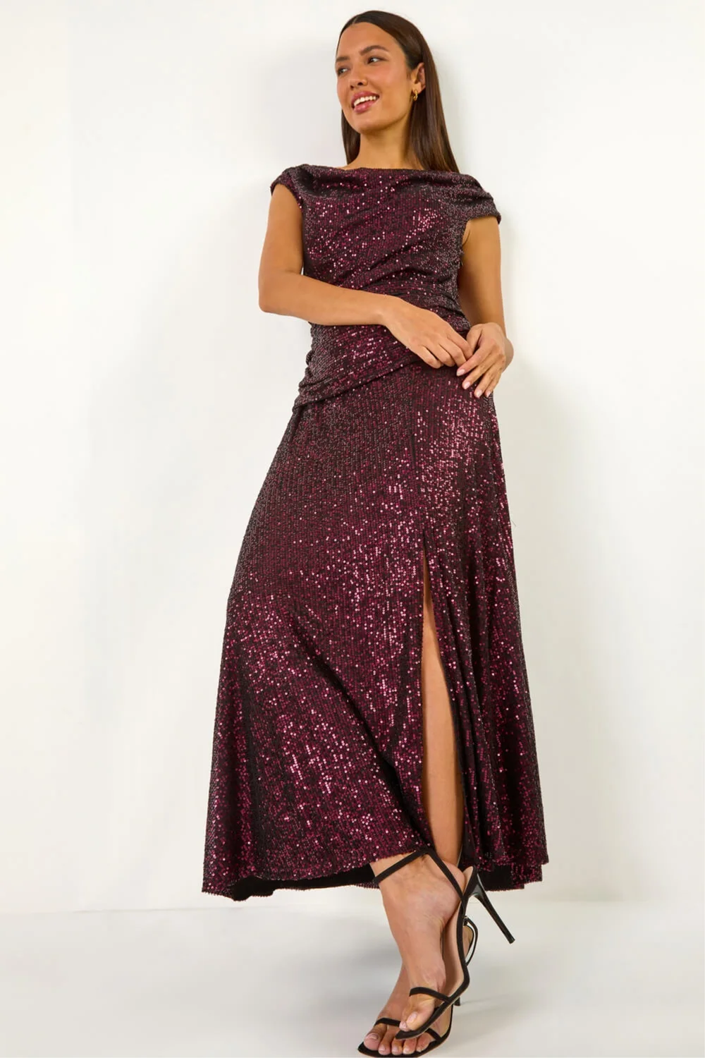 Roman Magenta Sequin Cowl Neck Maxi Stretch Dress - 10 Image 2