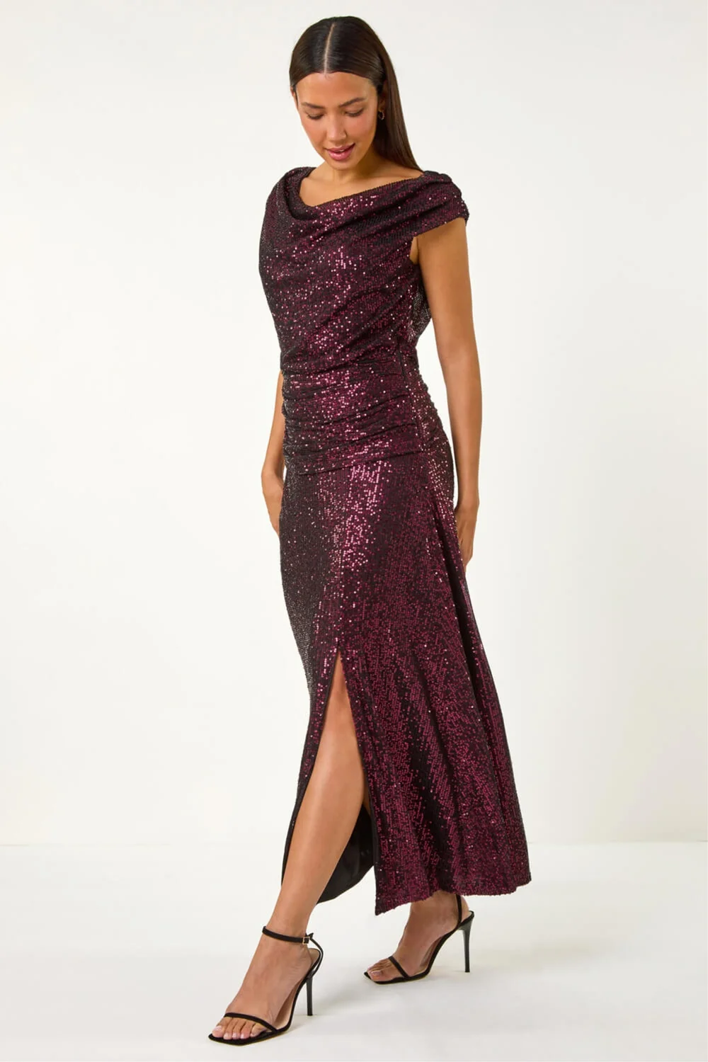 Roman Magenta Sequin Cowl Neck Maxi Stretch Dress - 10 Image 3
