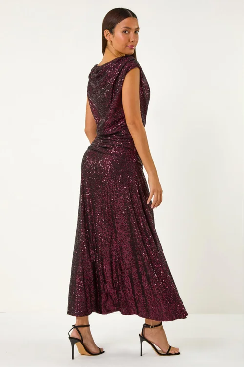Roman Magenta Sequin Cowl Neck Maxi Stretch Dress - 10 Image 4