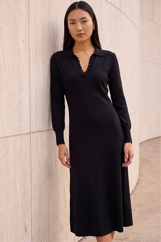 Roman Black Scallop Detail Knitted Midi Dress