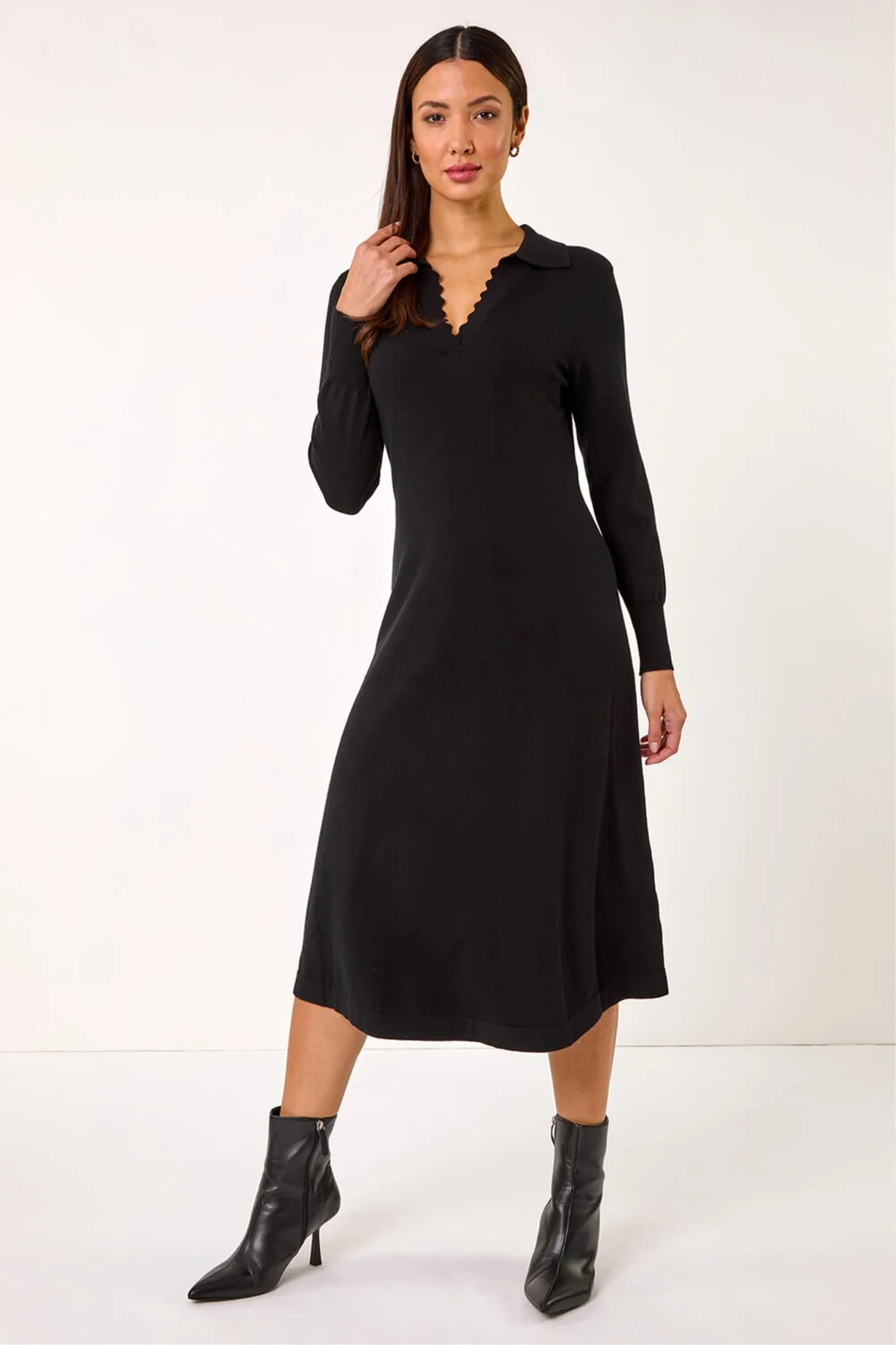Roman Black Scallop Detail Knitted Midi Dress - 12 Image 1