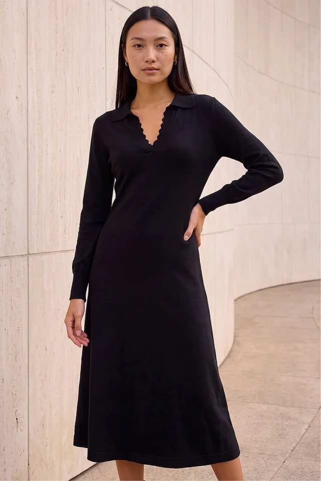 Roman Black Scallop Detail Knitted Midi Dress