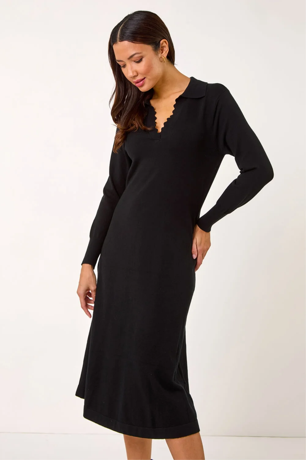 Roman Black Scallop Detail Knitted Midi Dress - 12 Image 2