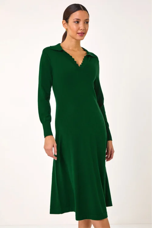 Roman Dark Green Scallop Detail Knitted Midi Dress - 10 | Matalan Roman Dark Green Scallop Detail Knitted Midi Dress - 10 | Matalan
