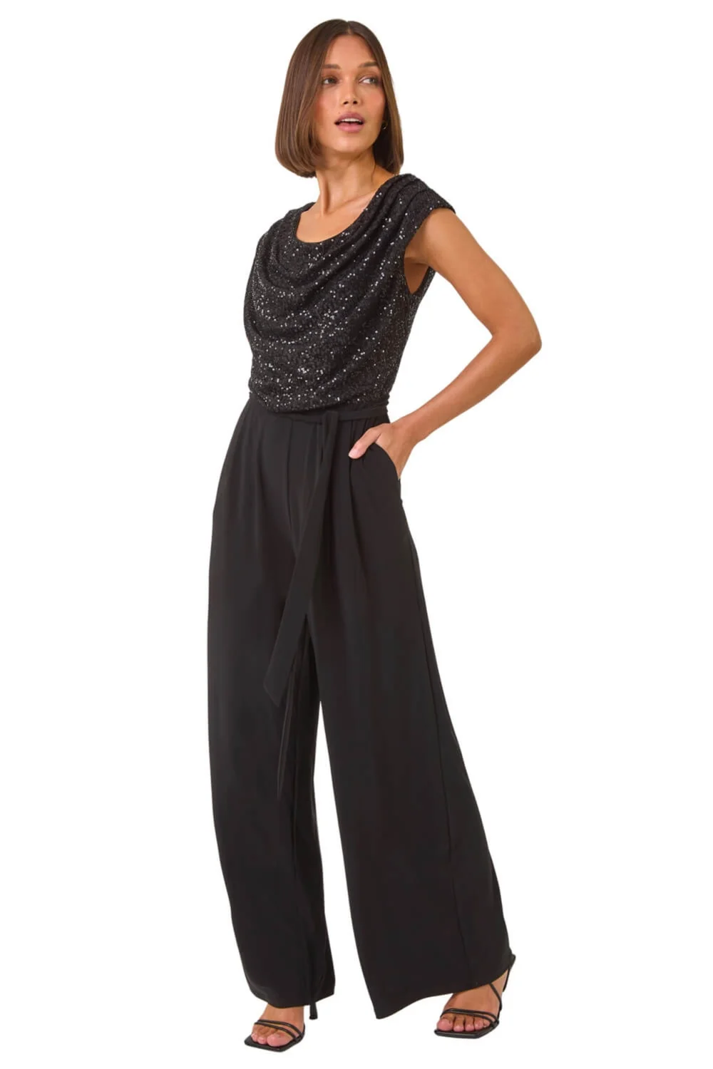 Roman Black Sequin Bodice Cowl Neck Jumpsuit - Size 18 Clothing Image 1