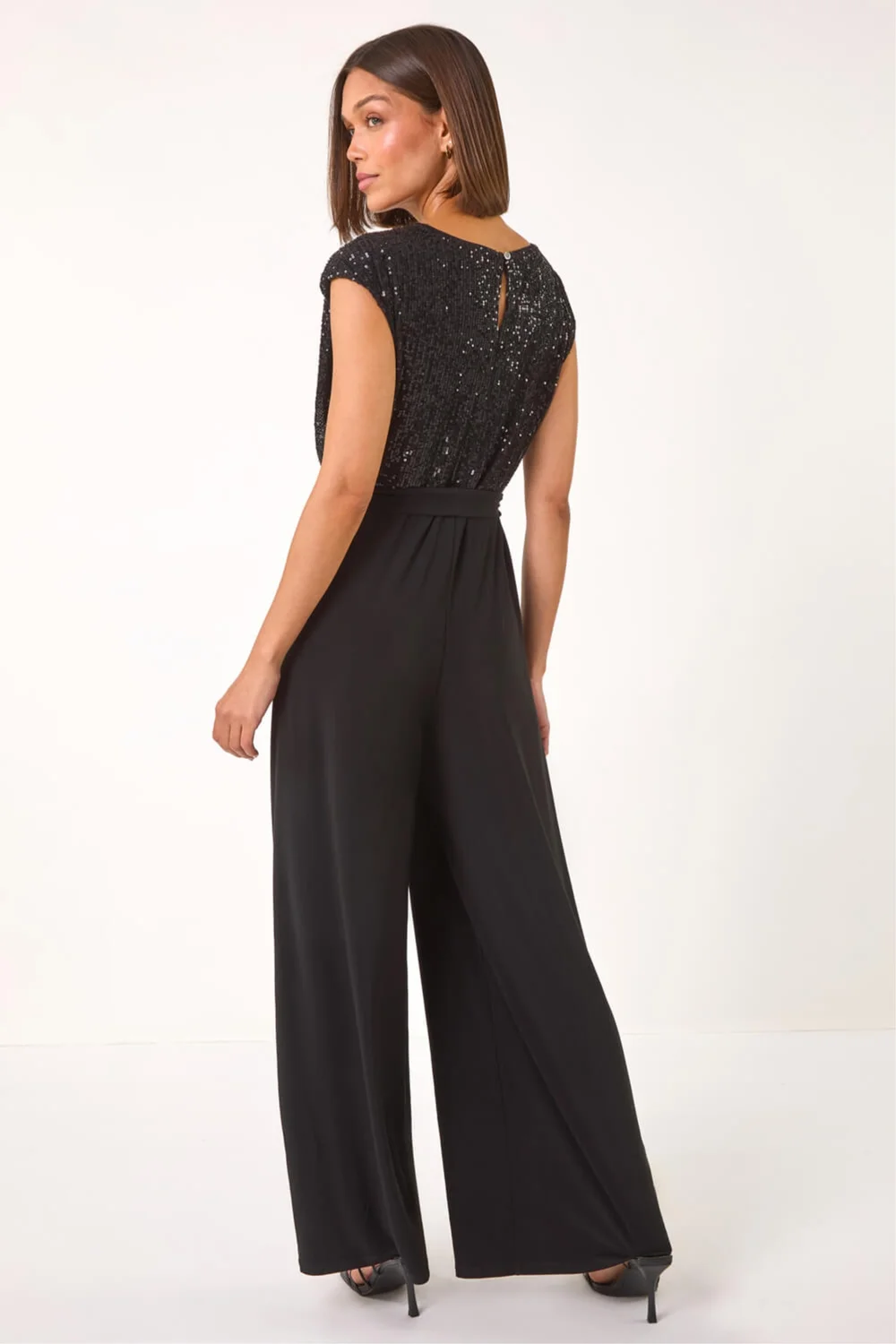 Roman Black Sequin Bodice Cowl Neck Jumpsuit - Size 18 Clothing Image 3