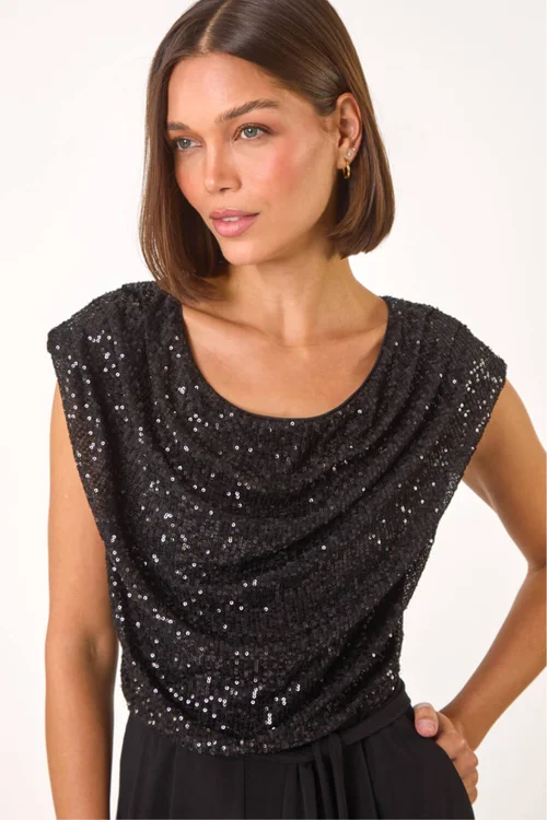 Roman Black Sequin Bodice Cowl Neck Jumpsuit - Size 18 Clothing Image 4