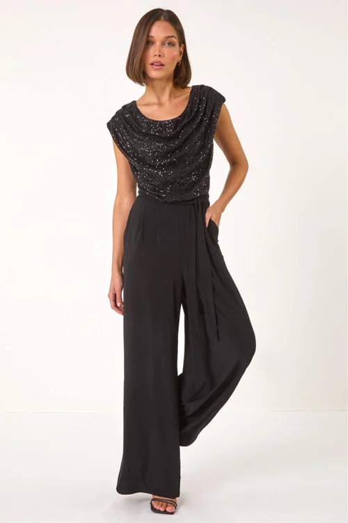 Roman Black Sequin Bodice Cowl Neck Jumpsuit - Size 18 Clothing Image 2