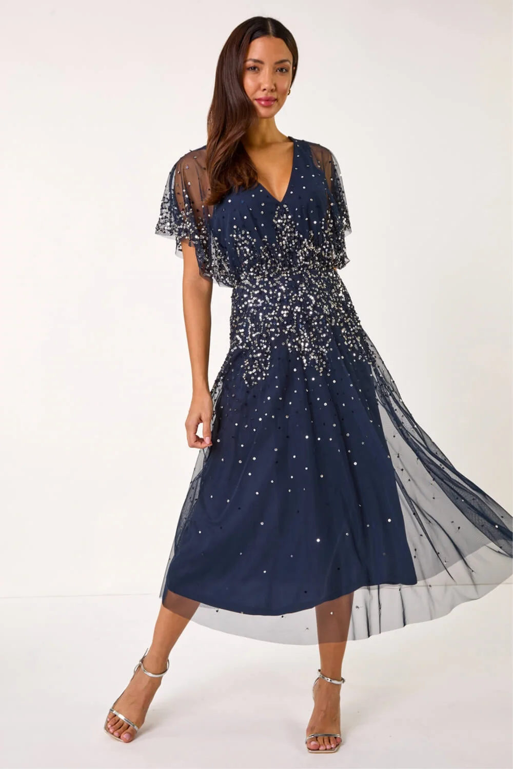 Roman Navy Embellished Angel Sleeve Midi Dress - 14 Image 2