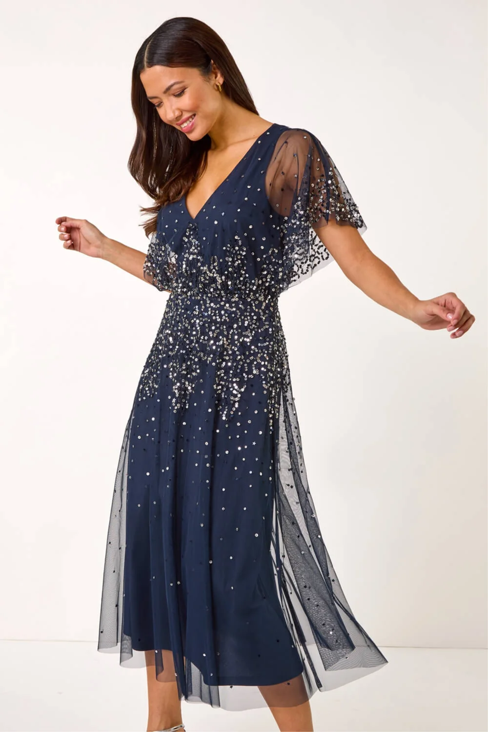 Roman Navy Embellished Angel Sleeve Midi Dress - 14 Image 3