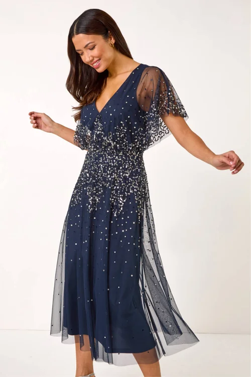 Roman Navy Embellished Angel Sleeve Midi Dress - 14 Image 3