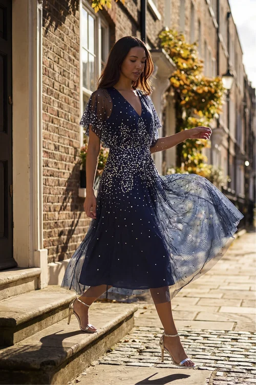 Roman Navy Embellished Angel Sleeve Midi Dress - 14 Image 1