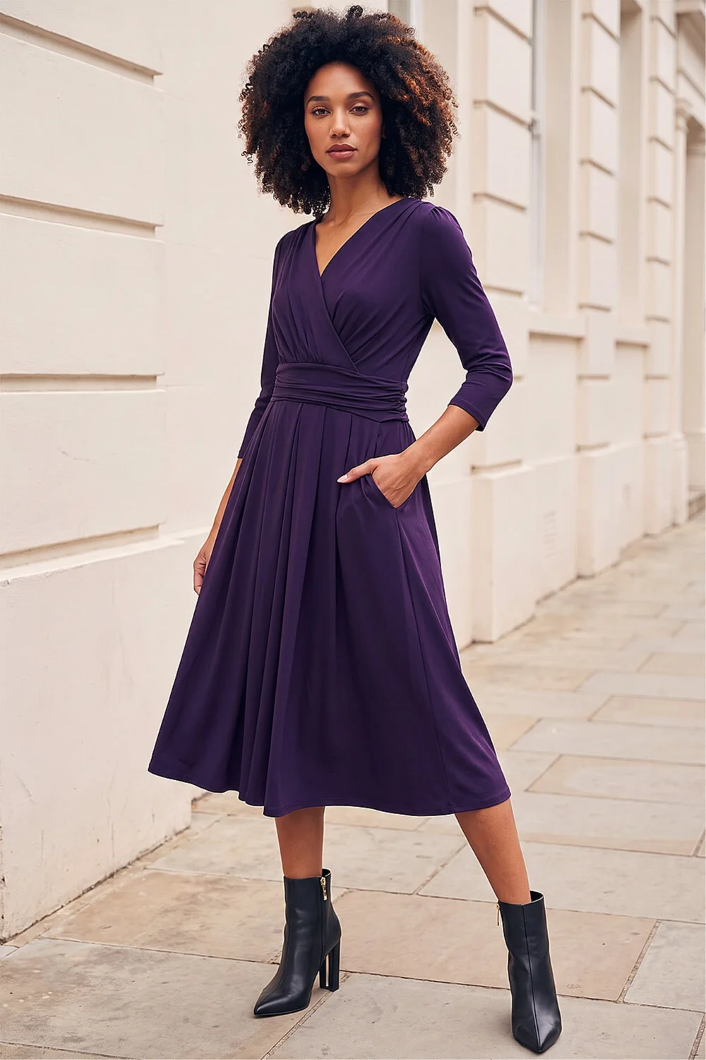Roman Purple Mock Wrap V-Neck Stretch Midi Dress - 14 Image 2