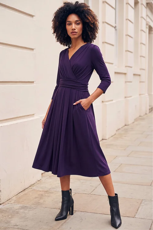 Roman Purple Mock Wrap V-Neck Stretch Midi Dress - 14 Image 2