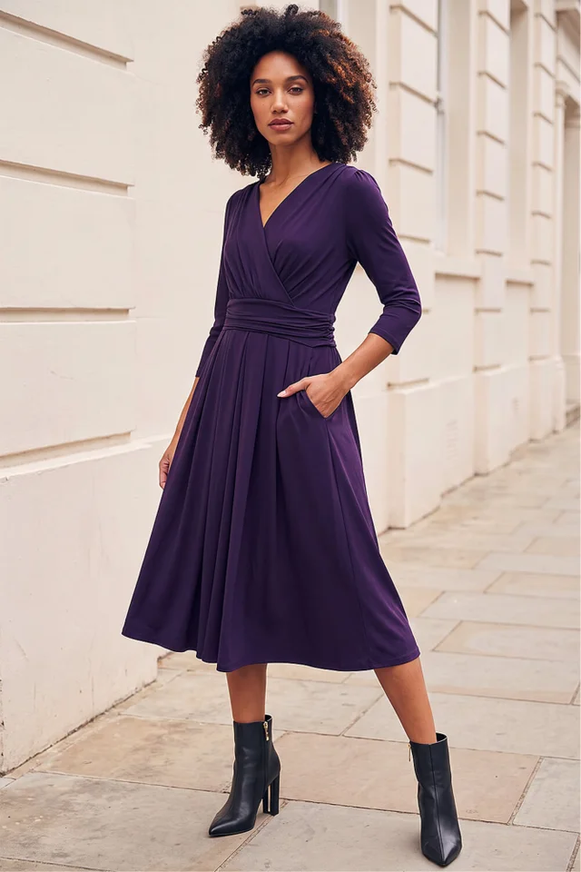 Roman Purple Mock Wrap V-Neck Stretch Midi Dress