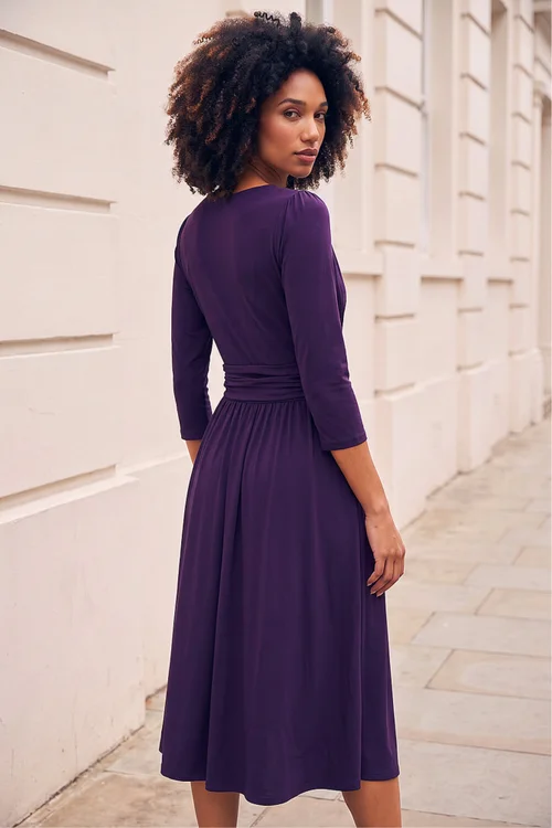 Roman Purple Mock Wrap V-Neck Stretch Midi Dress - 14 Image 3