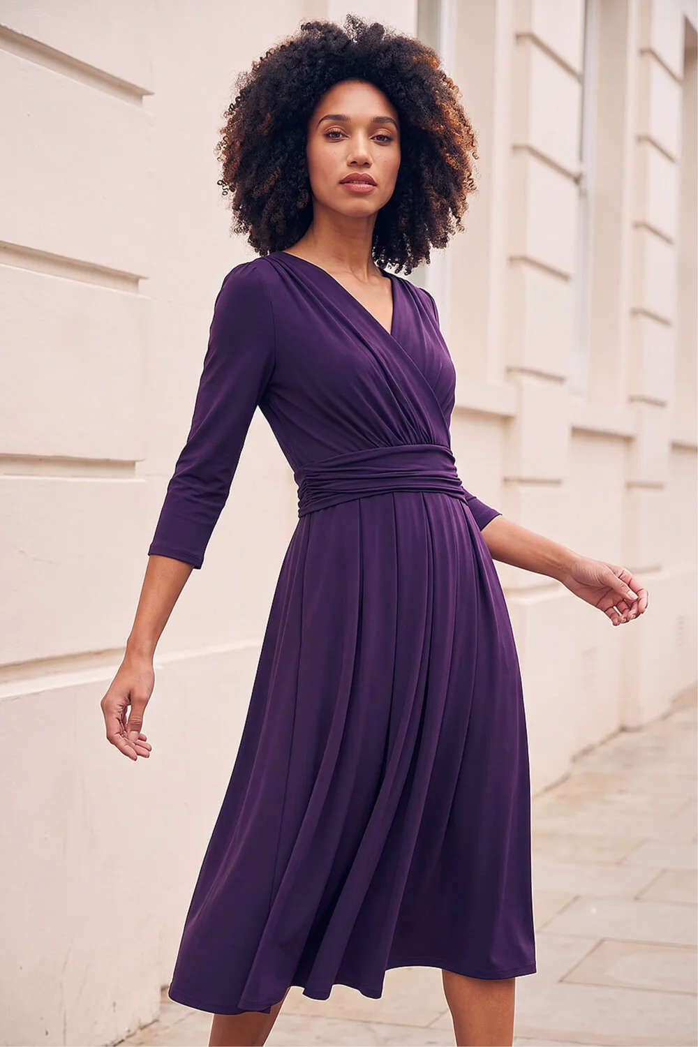 Roman Purple Mock Wrap V-Neck Stretch Midi Dress - 14 Image 1