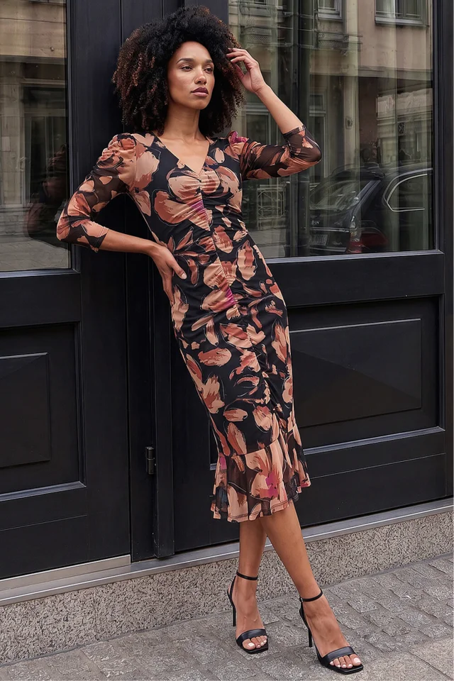 Roman Beige Ruched Floral Frill Dress