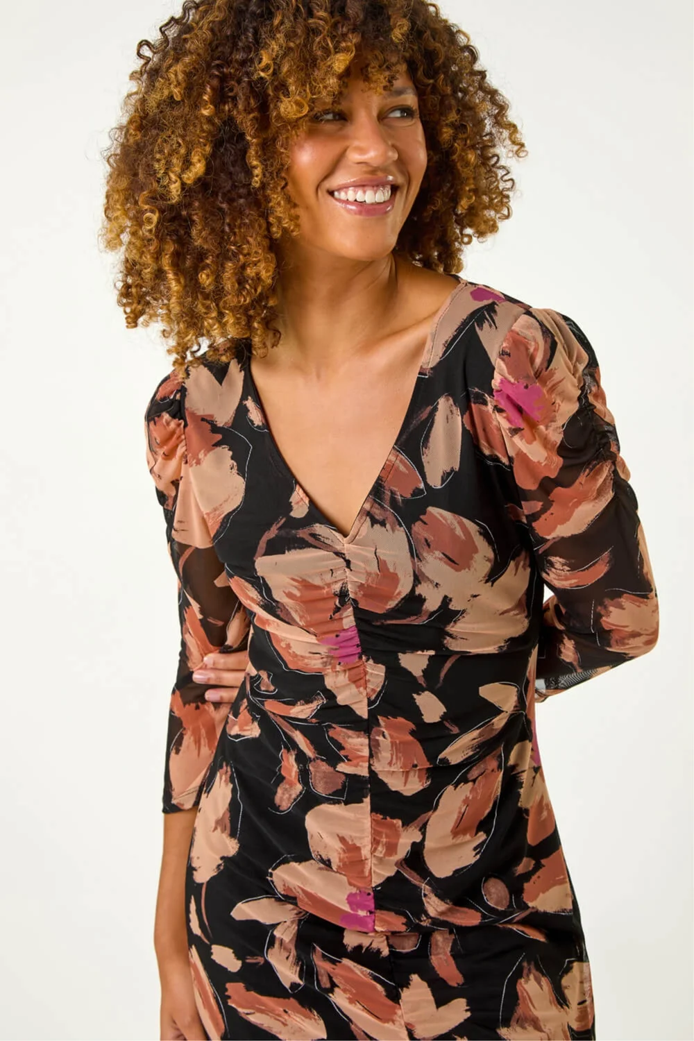 Roman Beige Ruched Floral Frill Dress - 16 Image 4