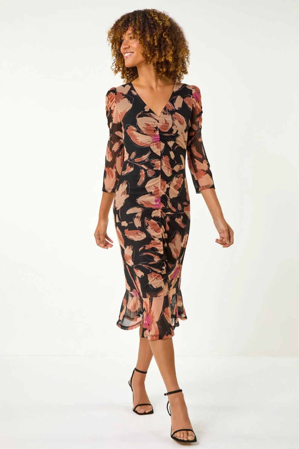 Roman Beige Ruched Floral Frill Dress - 16 Image 1