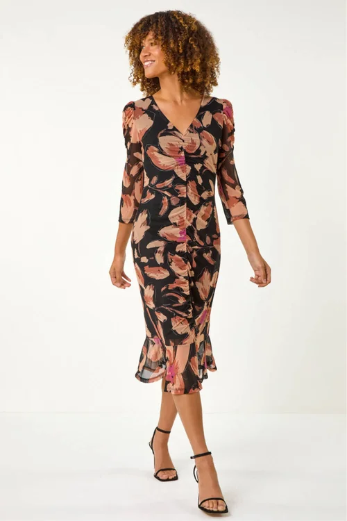 Roman Beige Ruched Floral Frill Dress - 16 Image 1