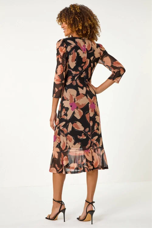 Roman Beige Ruched Floral Frill Dress - 16 Image 3