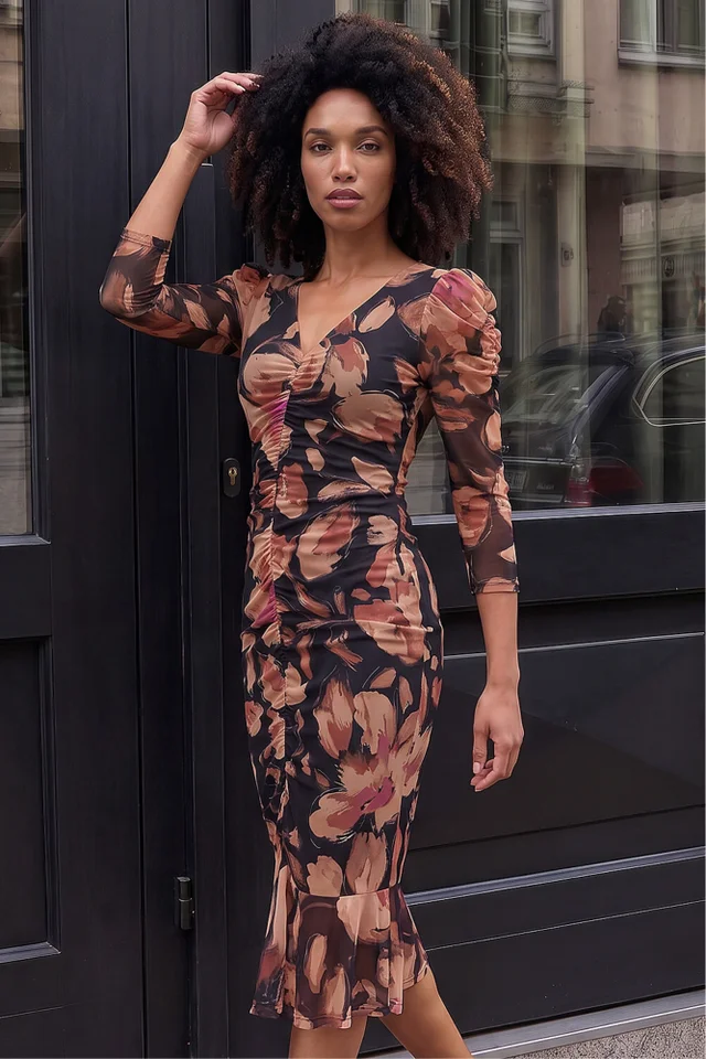 Roman Beige Ruched Floral Frill Dress