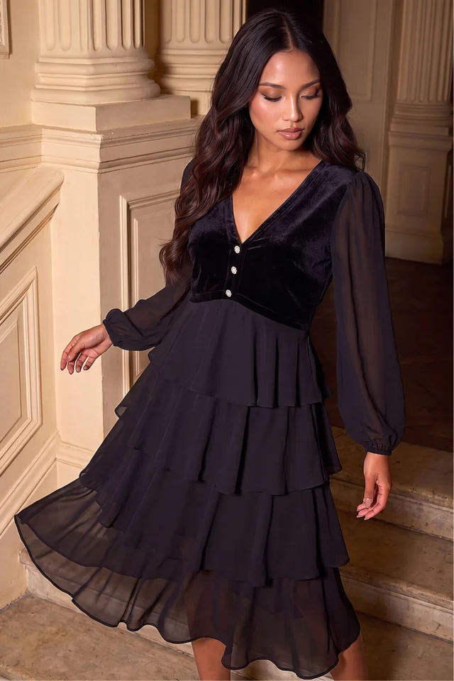 Roman Black Petite Velvet Tiered Midi Stretch Dress