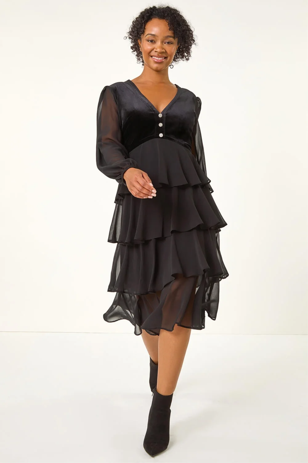 Roman Black Petite Velvet Tiered Midi Stretch Dress - 10 Image 2