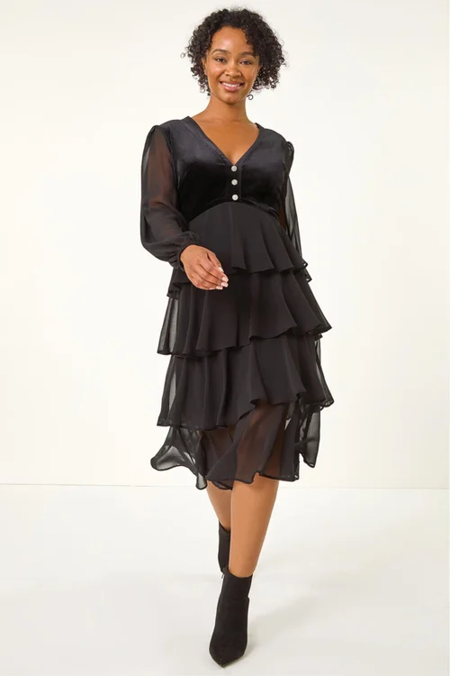 Roman Black Petite Velvet Tiered Midi Stretch Dress - 10 Image 2