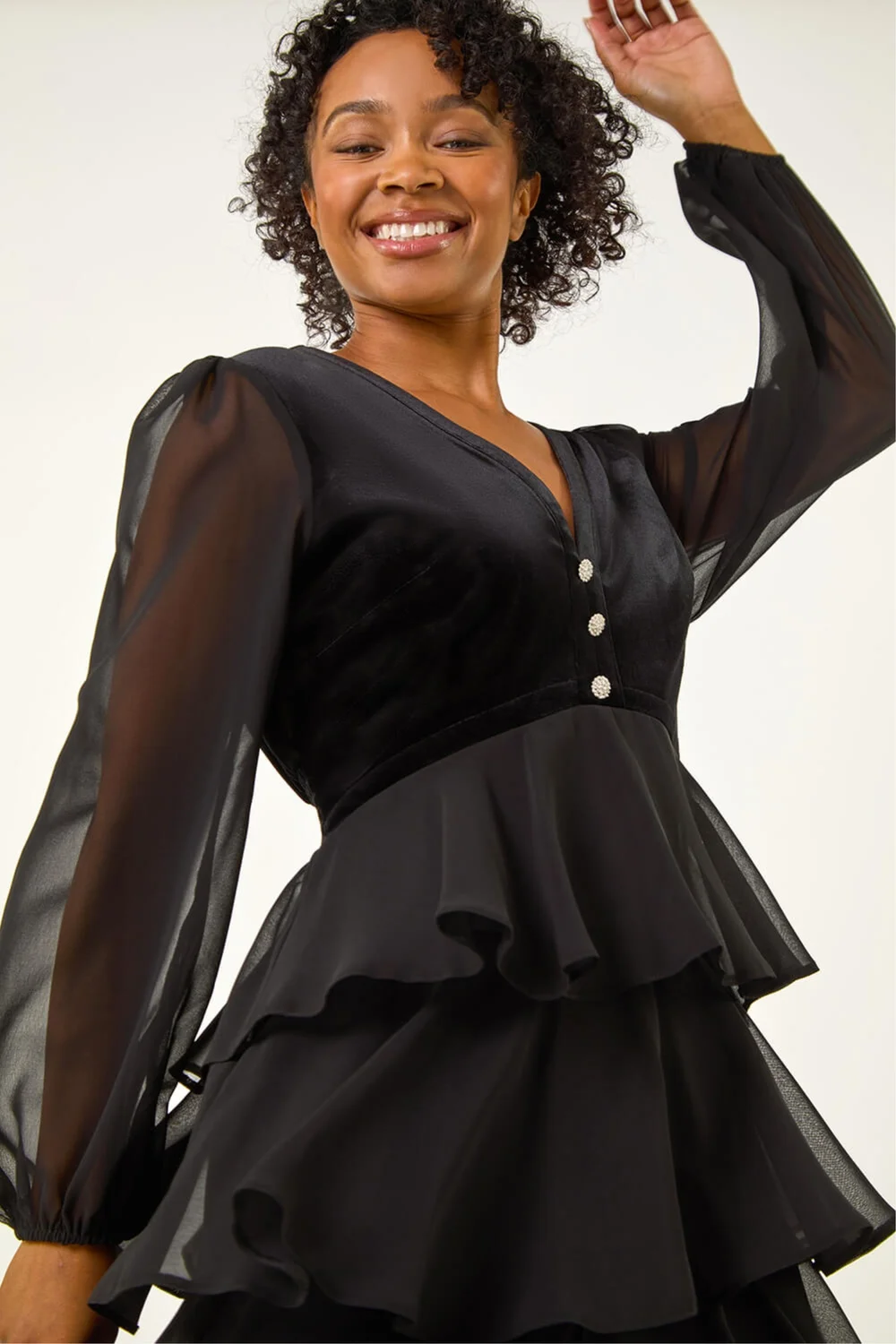 Roman Black Petite Velvet Tiered Midi Stretch Dress - 10 Image 4