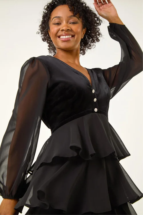 Roman Black Petite Velvet Tiered Midi Stretch Dress - 10 Image 4