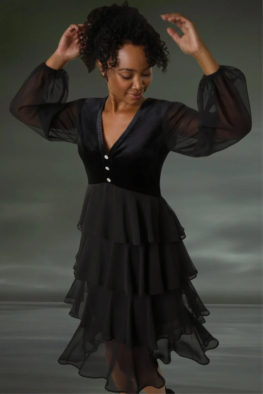 Roman Black Petite Velvet Tiered Midi Stretch Dress - 10 Image 1