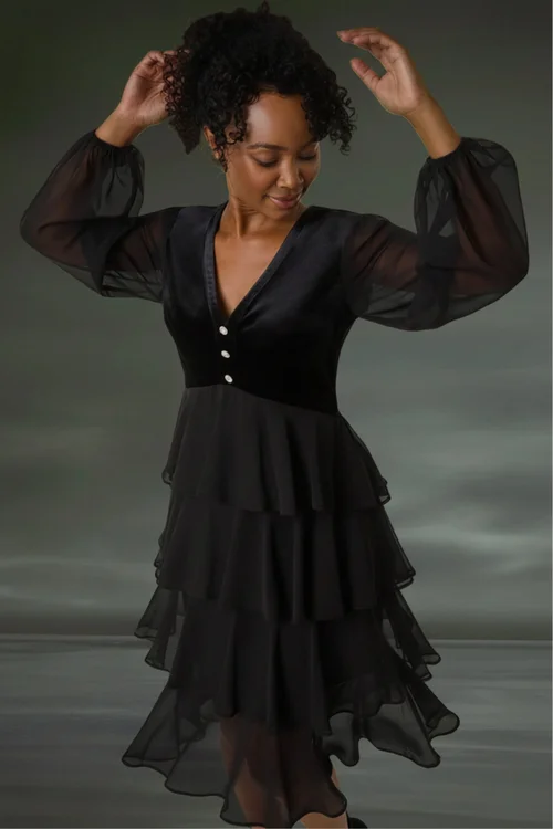 Roman Black Petite Velvet Tiered Midi Stretch Dress - 10 Image 1