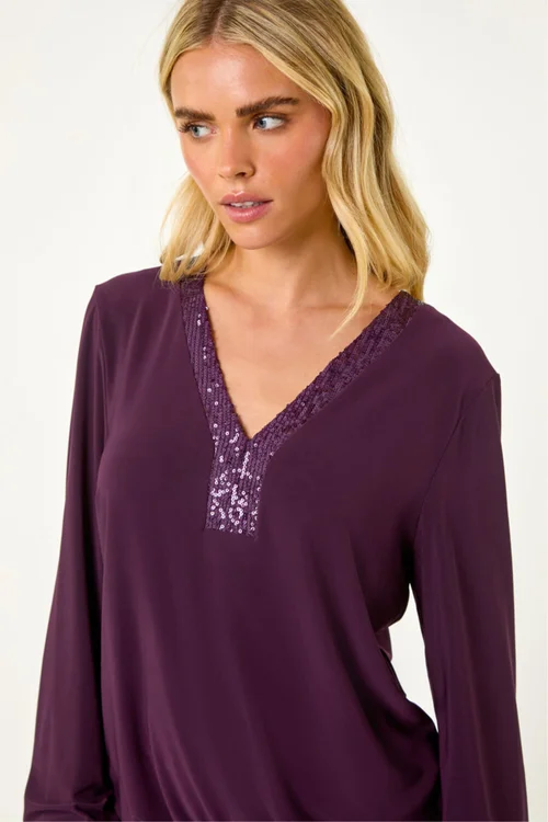 Roman Plum Petite Sequin Trim Blouson Top - 16 Image 4