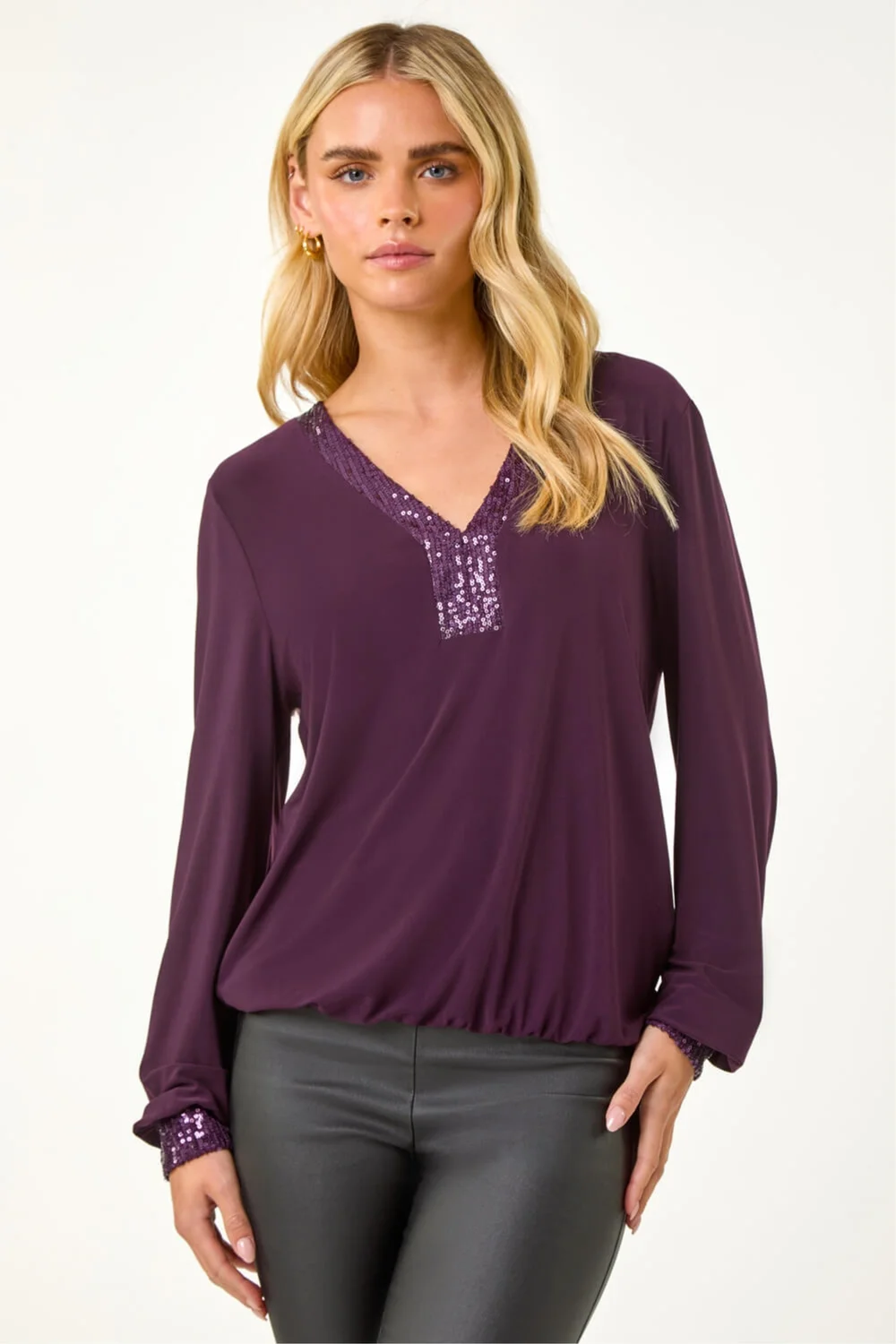 Roman Plum Petite Sequin Trim Blouson Top - 16 Image 1