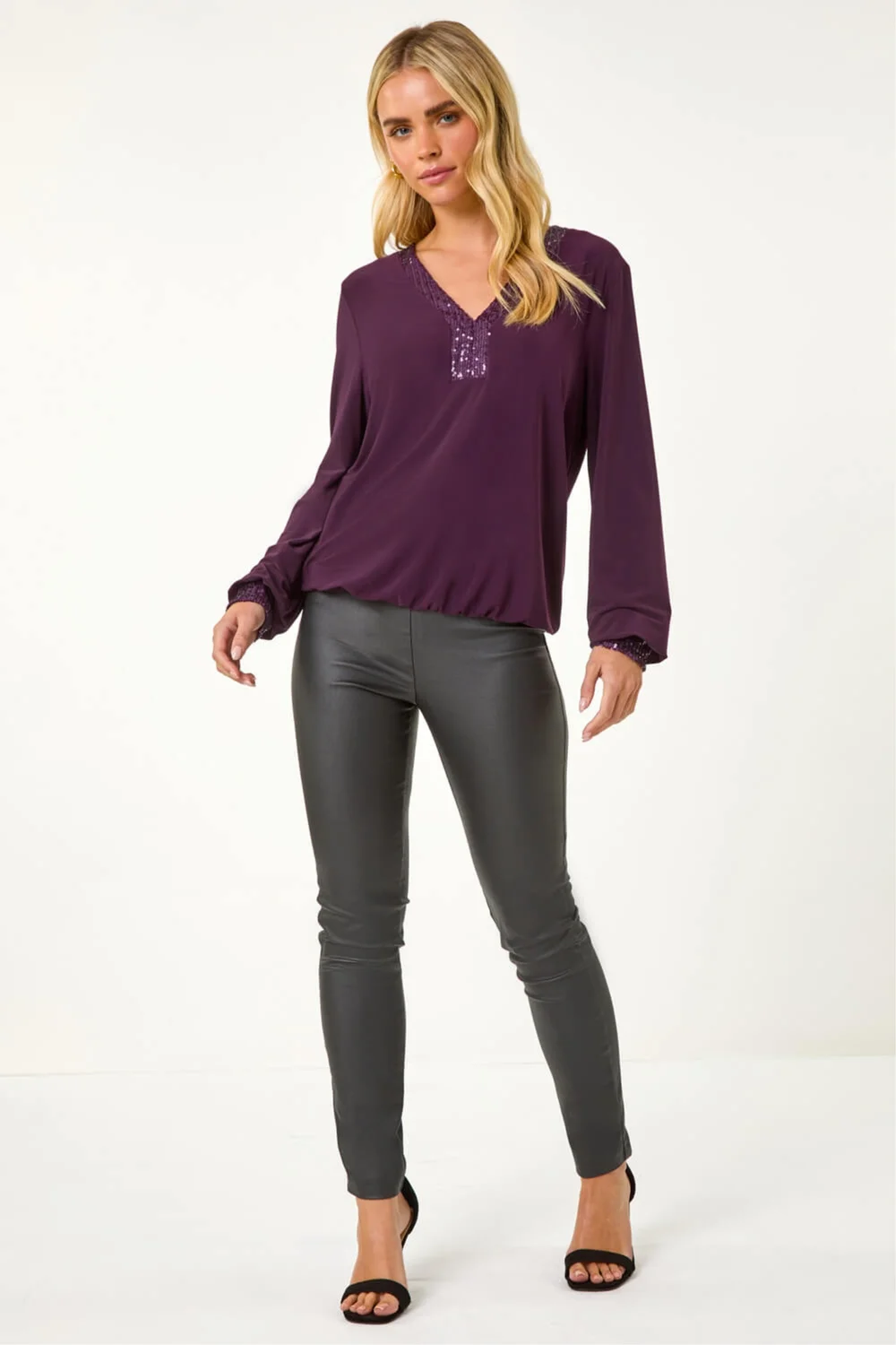Roman Plum Petite Sequin Trim Blouson Top - 16 Image 2