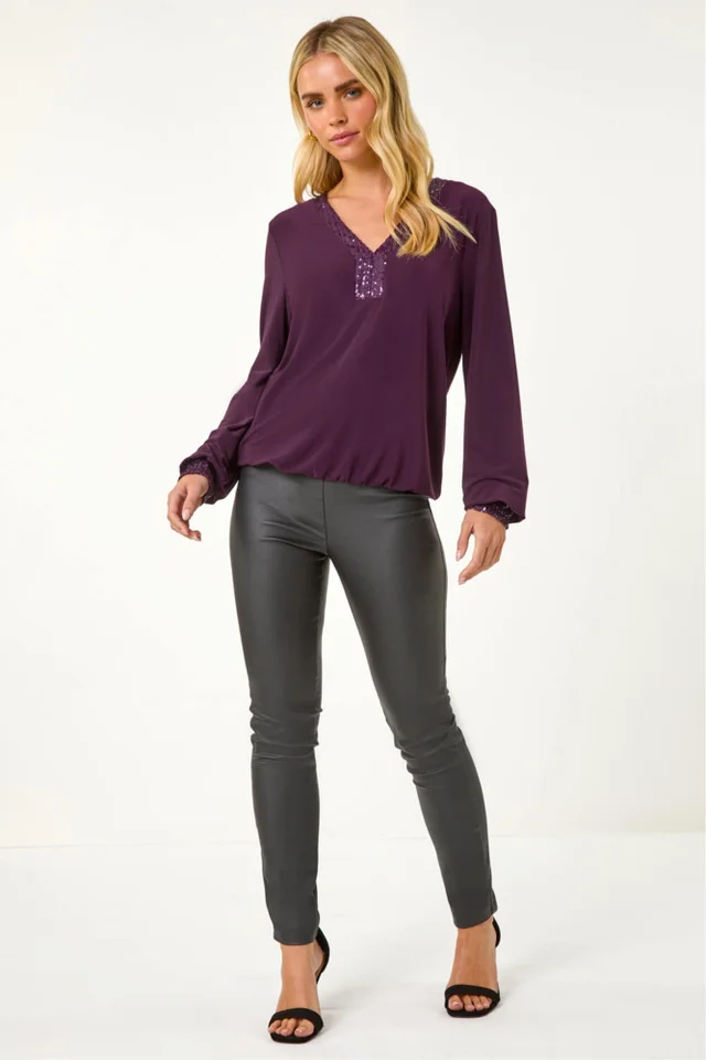 Roman Plum Petite Sequin Trim Blouson Top