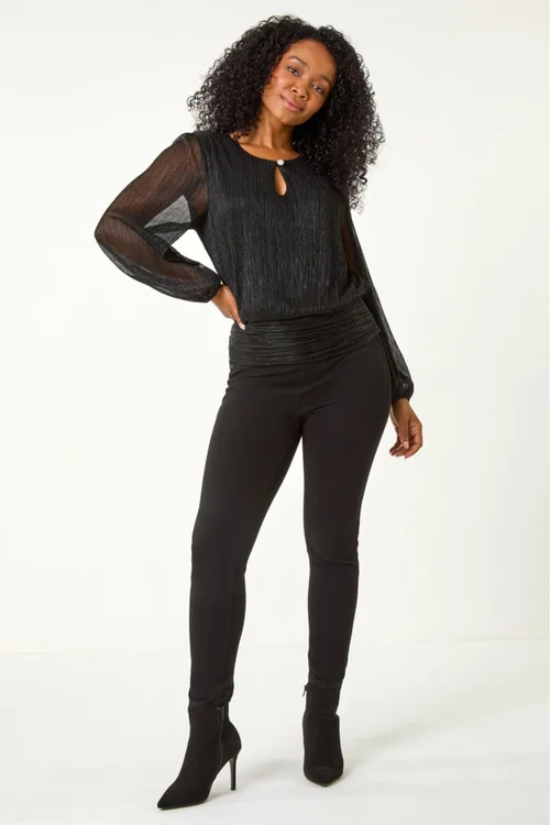 Roman Black Petite Crinkle Keyhole Shimmer Top - 12 Image 2