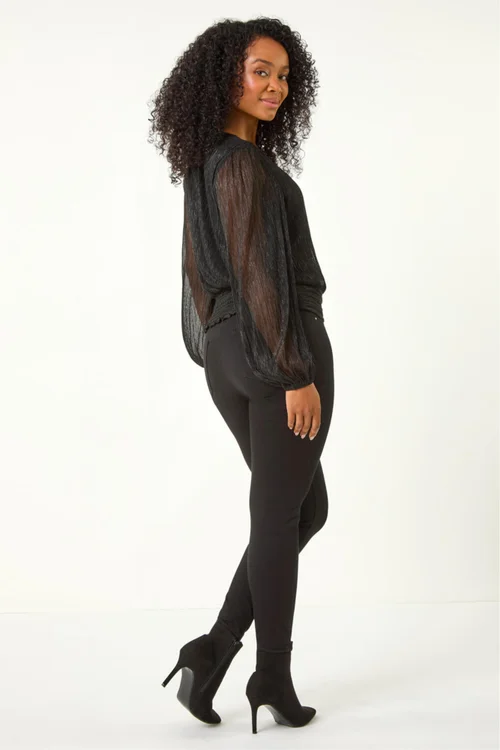 Roman Black Petite Crinkle Keyhole Shimmer Top - 12 Image 3