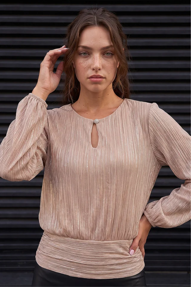 Roman Light Pink Petite Crinkle Keyhole Shimmer Top