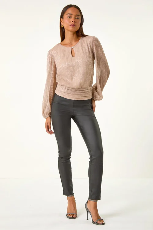 Roman Light Pink Petite Crinkle Keyhole Shimmer Top - 10 Image 2