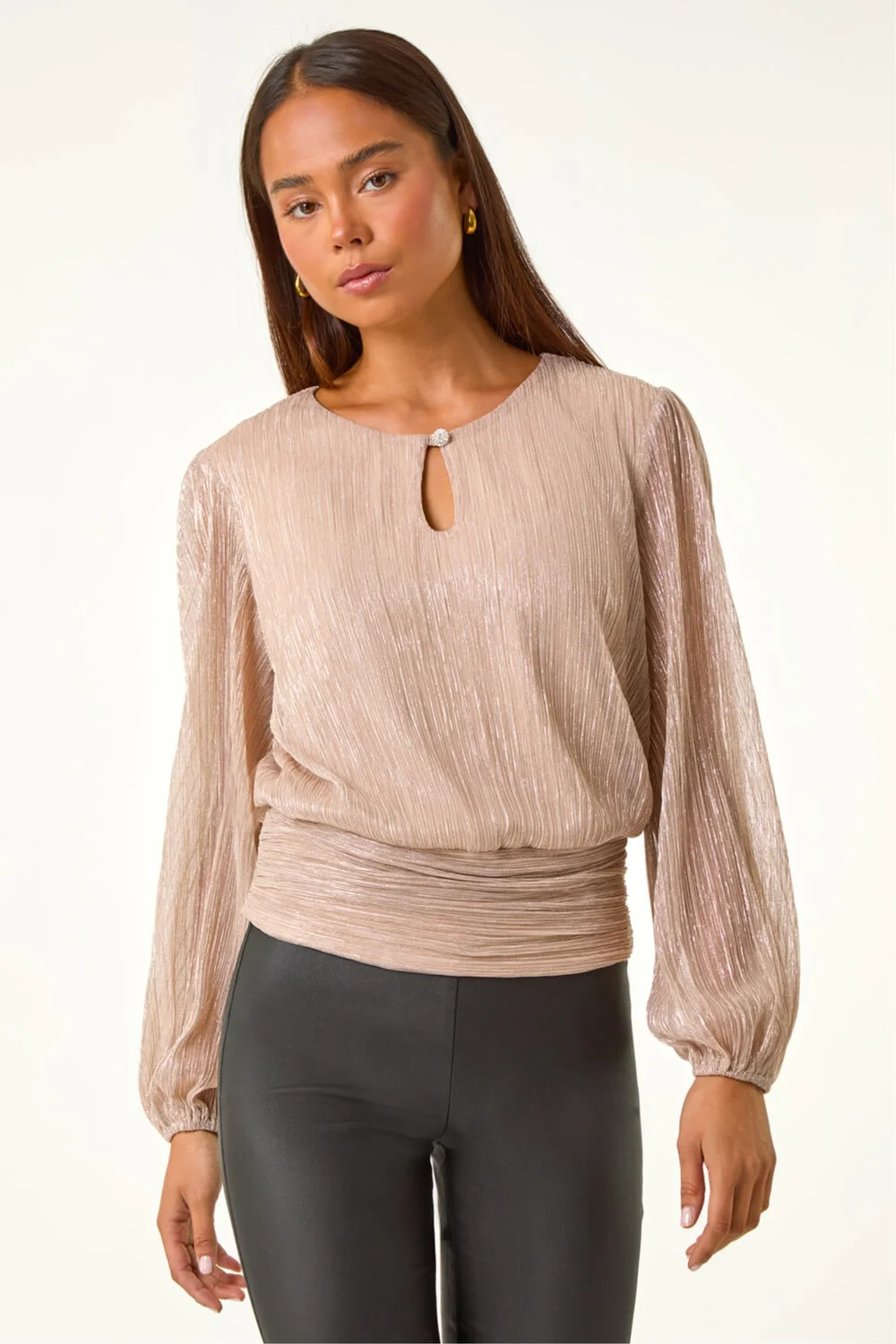 Roman Light Pink Petite Crinkle Keyhole Shimmer Top - 10 Image 4