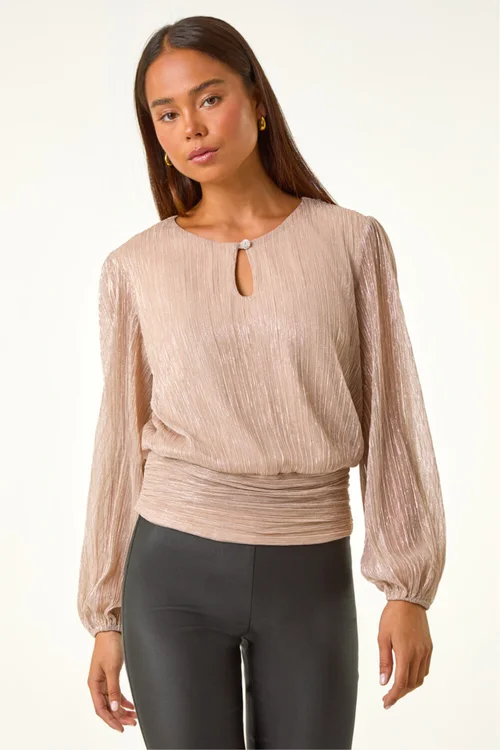 Roman Light Pink Petite Crinkle Keyhole Shimmer Top - 10 Image 4