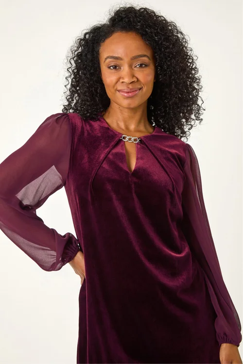 Roman Plum Petite Contrast Sleeve Velvet Dress - 14 Image 4