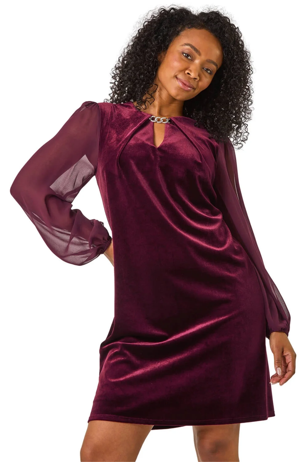 Roman Plum Petite Contrast Sleeve Velvet Dress - 14 Image 1