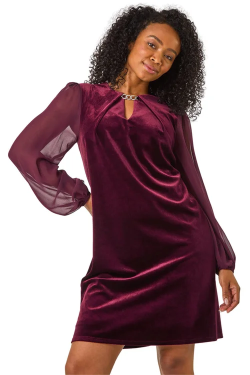 Roman Plum Petite Contrast Sleeve Velvet Dress - 14 Image 1