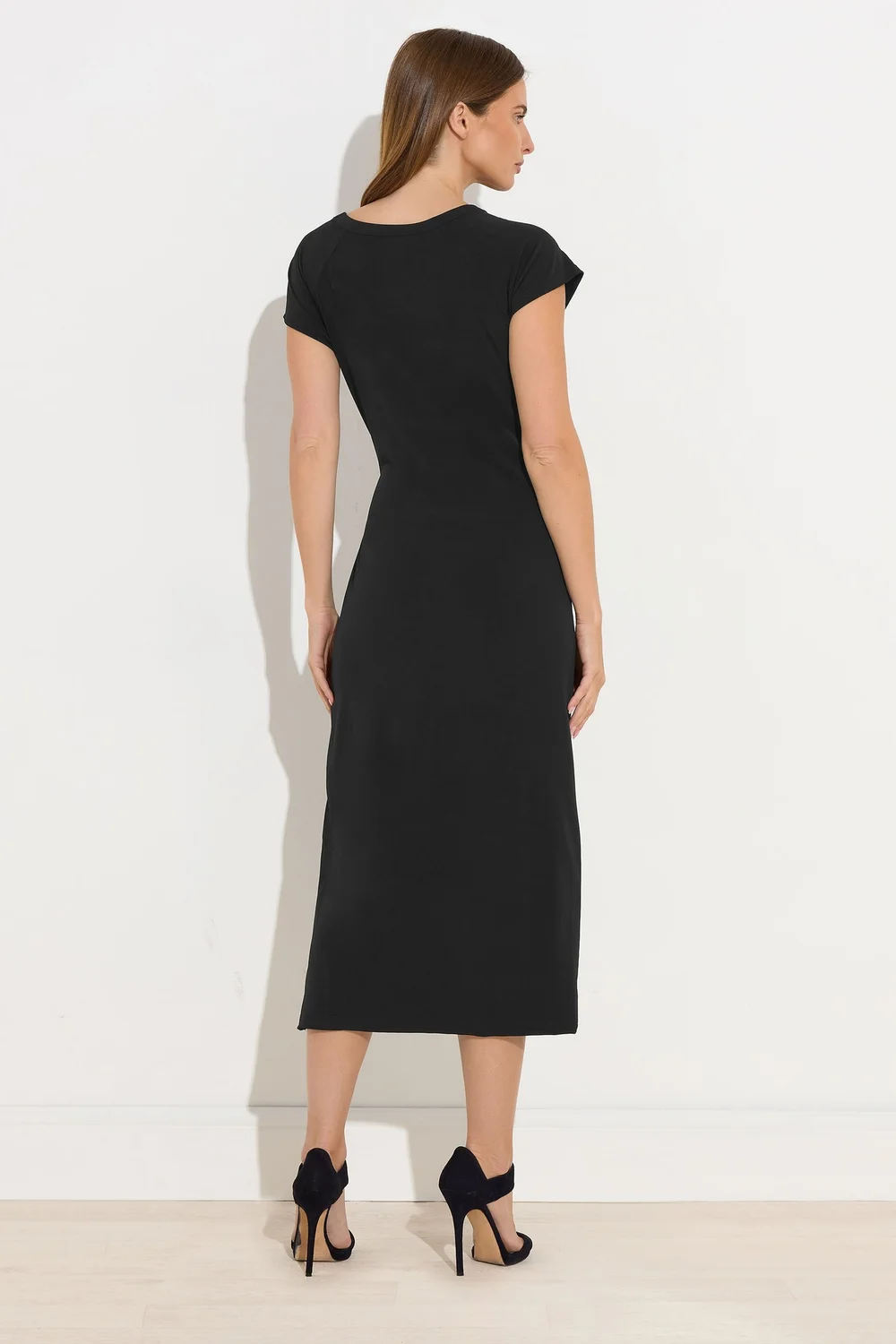 popper midi dress V Neck Petite Knit Dress Petite Black Ribbed Knit V Neck Ruched Popper Midi Dress